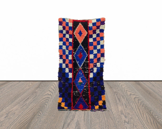 Moroccan small vintage rug, 3x6 feet berber area rug, unique azilal rug, azilal tribal rug.