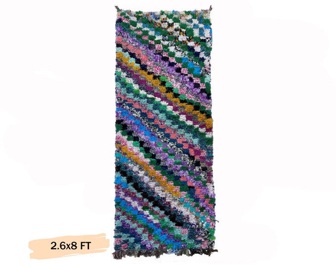 Boucherouite Moroccan Runner Rug 3x8: Vintage Boho Rug.