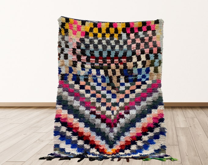 4x5 ft small checkered tribal Moroccan vintage rug.