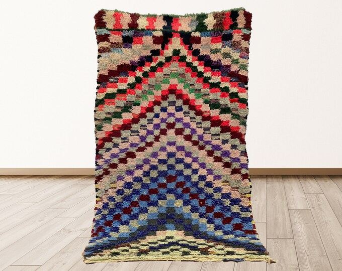 2.5x4.6 ft checkered Moroccan rug, vintage woven Berber azilal rug.