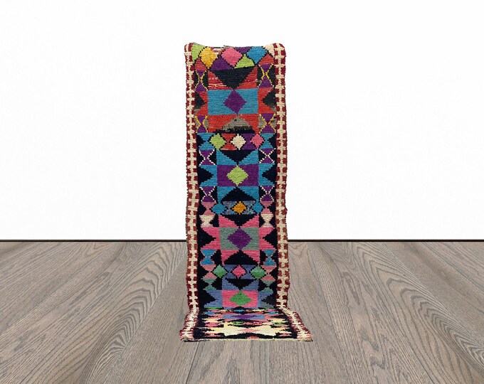 Entryway boucherouite rug runner, 2x10 feet vintage rug runner, narrow runner rug, azilal rug runner.