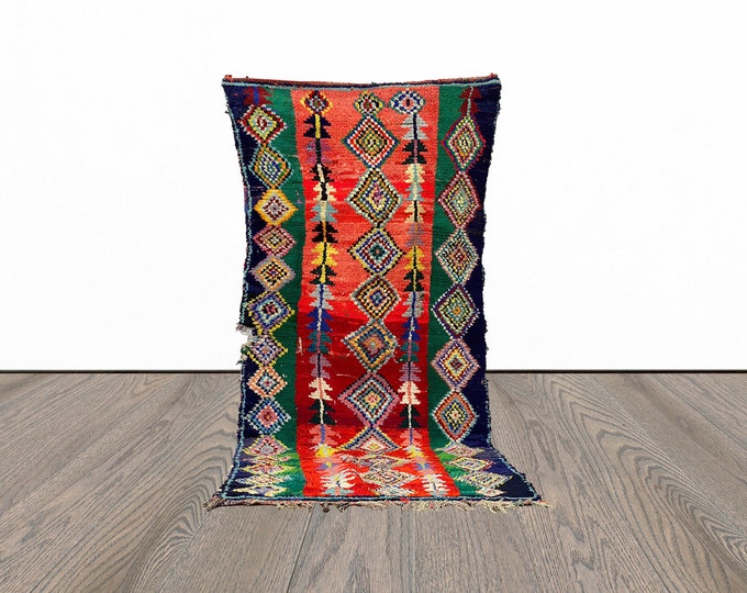 Large moroccan area rug, 4x10 feet vintage berber rug, tribal colorful rug, azilal woven rug.