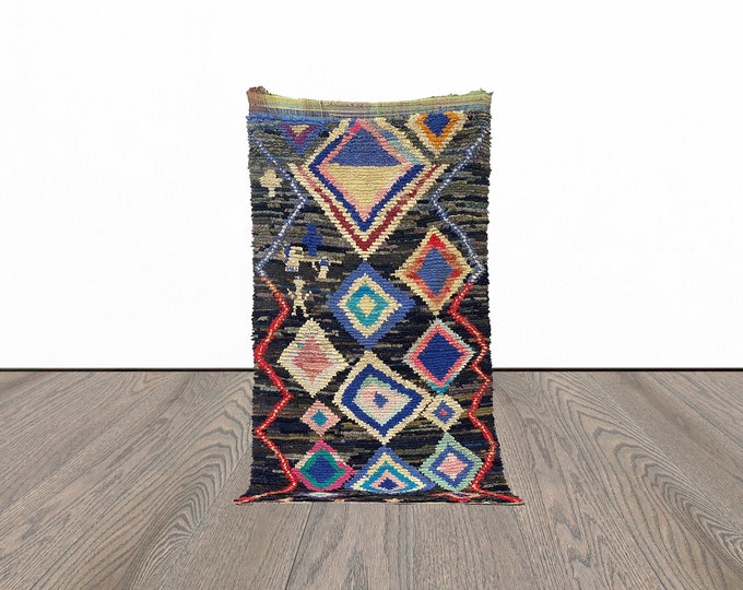 Black boucherouite rug, 4x7 feet vintage moroccan rug, unique woven rug, tribal area rug.