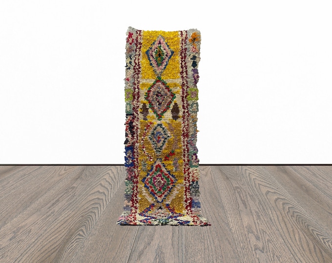 2x9 Feet boucherouite runner rug, entryway runner rug, yellow runner rug, tribal runner rug.