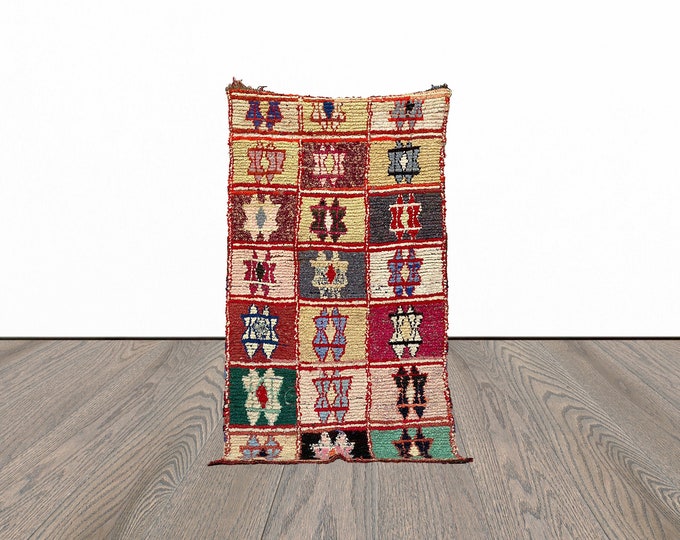 4x7 Feet boucherouite unique rug, vintage berber rug, moroccan azilal rug, colorful area rug.
