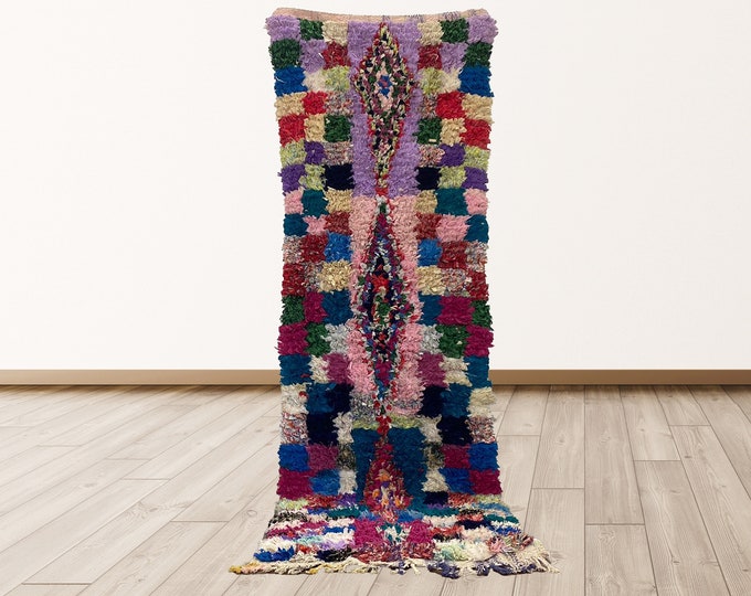 boucherouite Moroccan runner rug 3x8, Berber Woven Morrocan runner rug.
