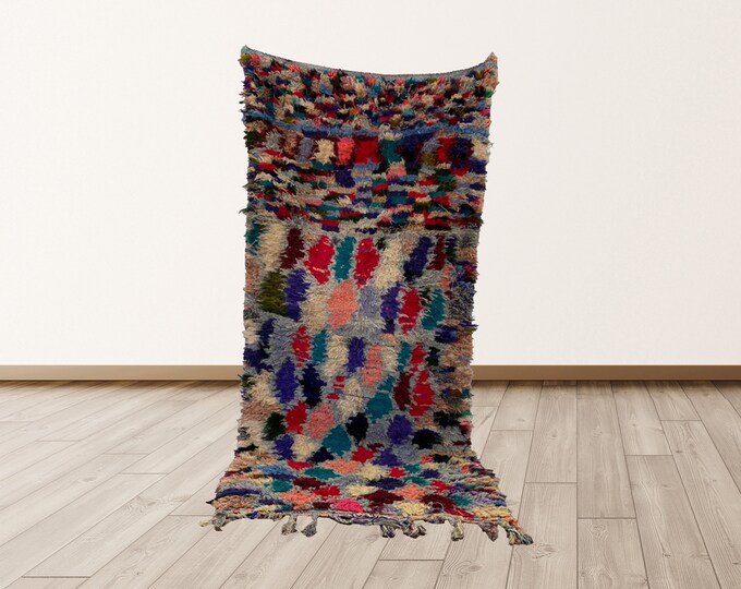 Boujad Colorful Azilal Vintage Moroccan 3X7 Feet Berber rug.