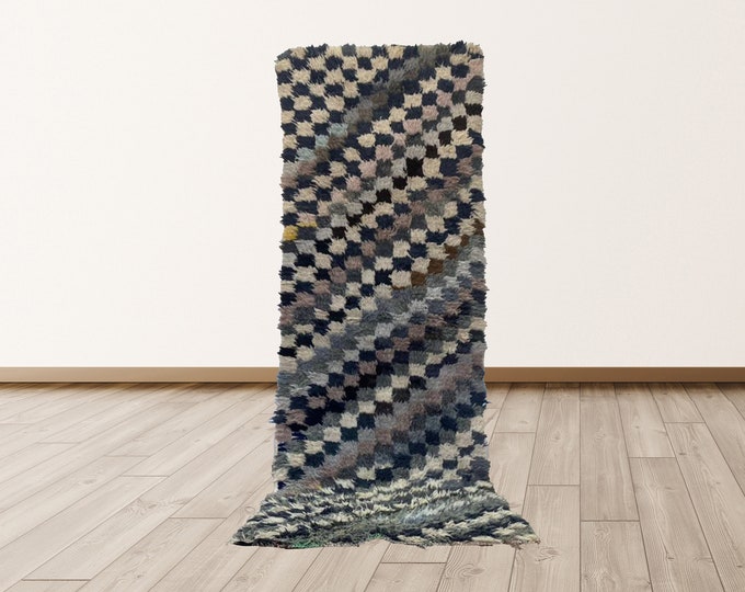 checkerboard 3x7 feet Vintage Moroccan Azilal runner Rug, Azilal Berber runner Rug.