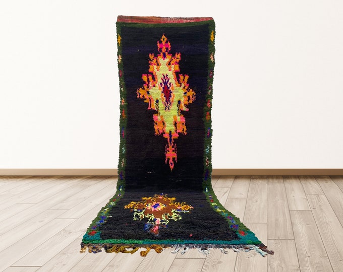 Tribal 12x3 feet Vintage azilal Moroccan Rug area, colorful shag rugs for living room.