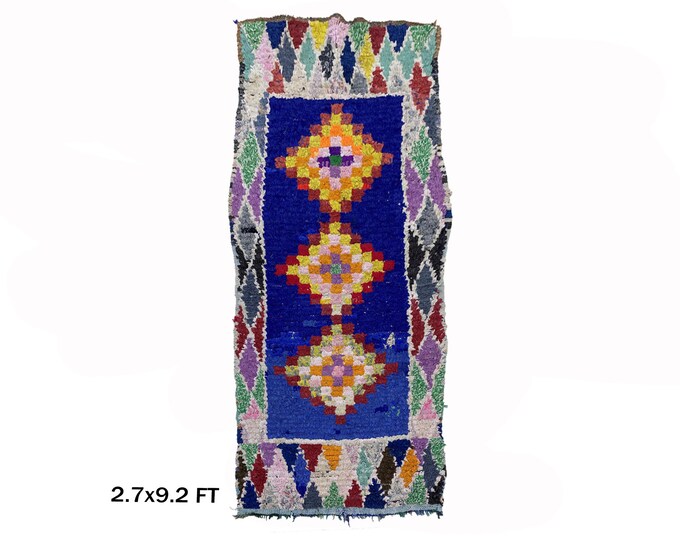 Moroccan Baoucherouite Vintage Runner Rug 3x8- Unique Hallway decor.