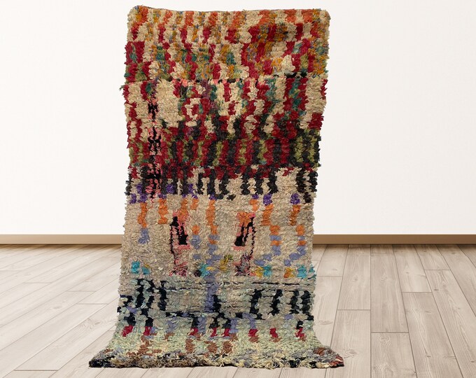 4x7 feet Boucherouite Moroccan vintage shag rugs, Vintage Moroccan Berber runners rug.