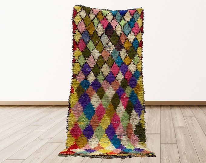 colorful Moroccan Berber vintage 3x7 feet shag rug runner.