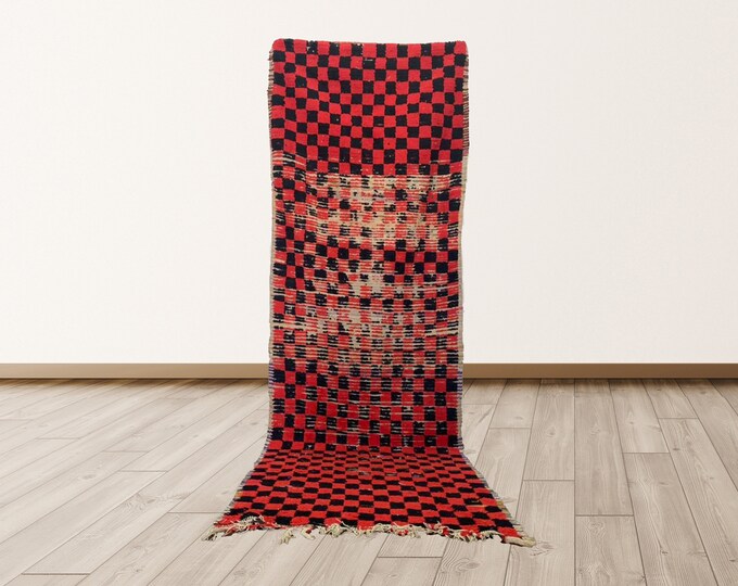 Checked black and red Bohemian 3x9 ft Morrocan Berber Vintage Rug.