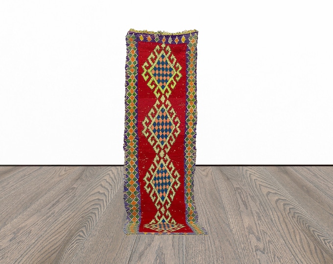 Red moroccan runner rug, 2x8 feet narrow runner rug, vintage runner rug, berber runner rug.