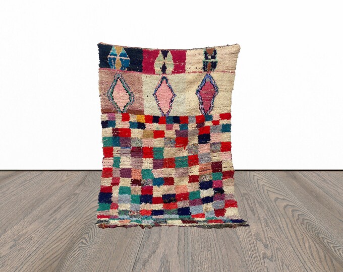 Boucherouite area rug, 4x7 feet vintage moroccan rug, colorful berber rug, azilal woven rug.