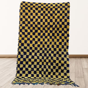 checkered Azilal Moroccan vintage Berber Shag rug, 4x7 feet Berber Bohemian shag area rugs.