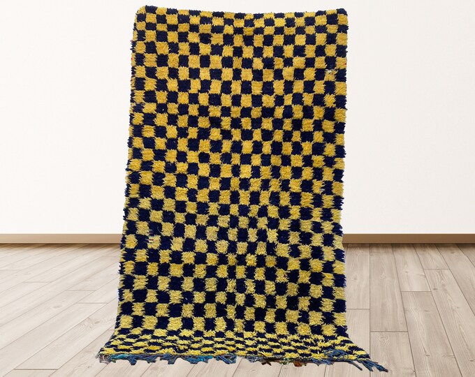 checkered Azilal Moroccan vintage Berber Shag rug, 4x7 feet Berber Bohemian shag area rugs.