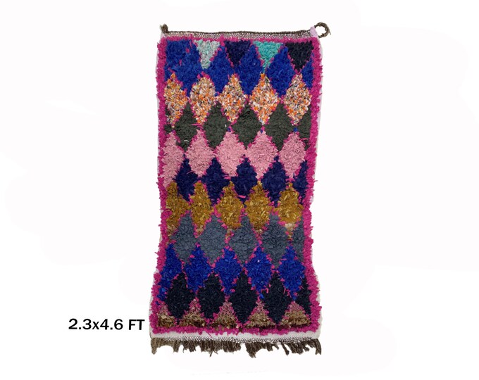 Boucherouite Moroccan Area Rug 2x5: Vintage Small Bathroom Decor.