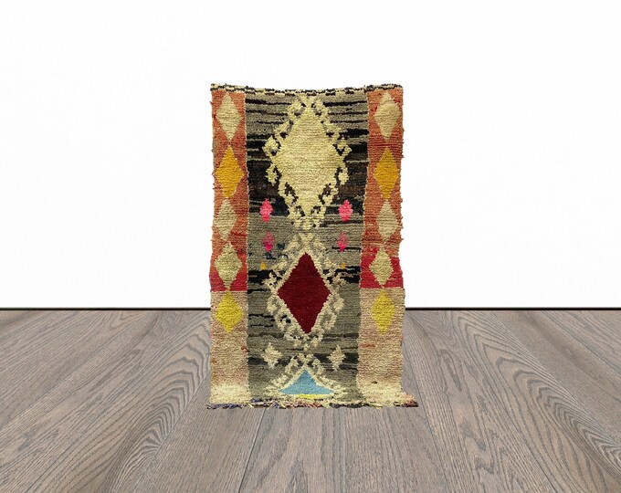Area boucherouite rug, 4x8 feet boujaad woven rug, bohemian unique rug, moroccan vintage rug.