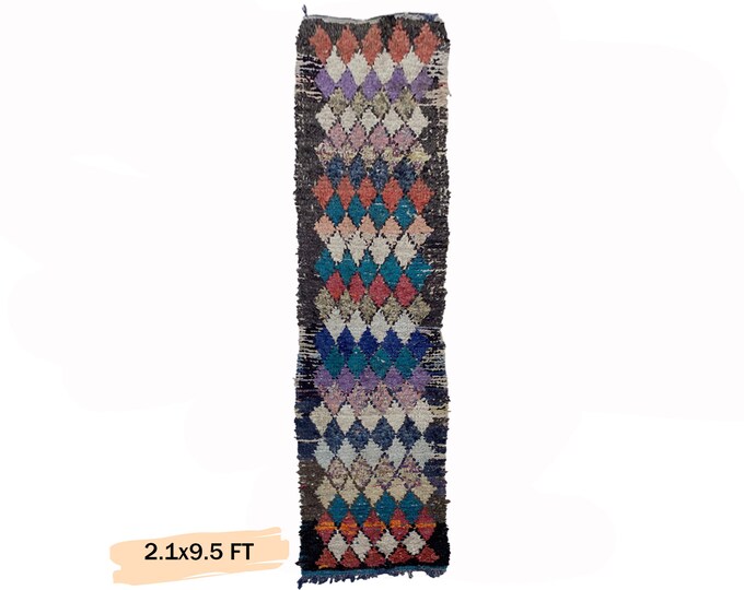 Colorful Boucherouite Moroccan Narrow Runner Rug 2x10, Diamond Pattern Rug.