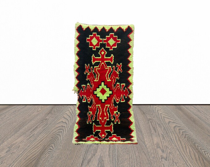 3x7 Feet unique small runner rug, entryway runner rug, vintage runner rug, black berber runner rug.
