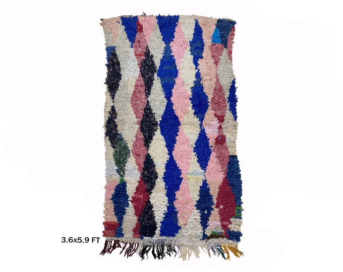 Boucherouite Moroccan Area Rug 4x6, Colorful boho Decor.