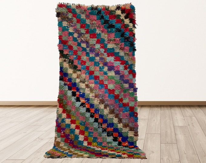 Moroccan tribal Checkered Vintage Azilal 3x7 feet Rug, Berber Moroccan vintage rugs