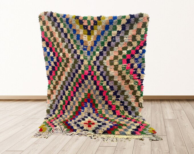 4x5 ft vintage Moroccan tribal rug, Azilal vintage Moroccan rug.