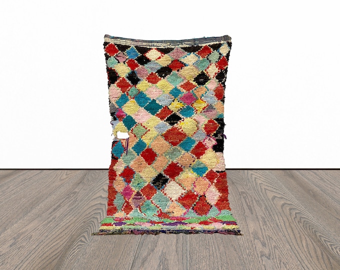 Moroccan boucherouite rug, 4x8 feet vintage berber rug, woven tribal rug, colorful area rug.