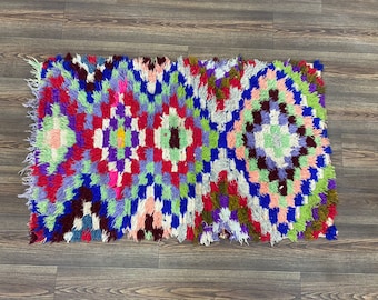 2.6x4.3 ft checkered Moroccan rug, vintage woven Berber azilal rug.