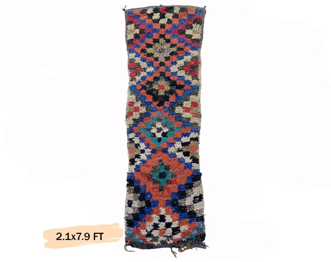 Boucherouite Rug 3x7, Moroccan Unique Vintage Runner Rug.