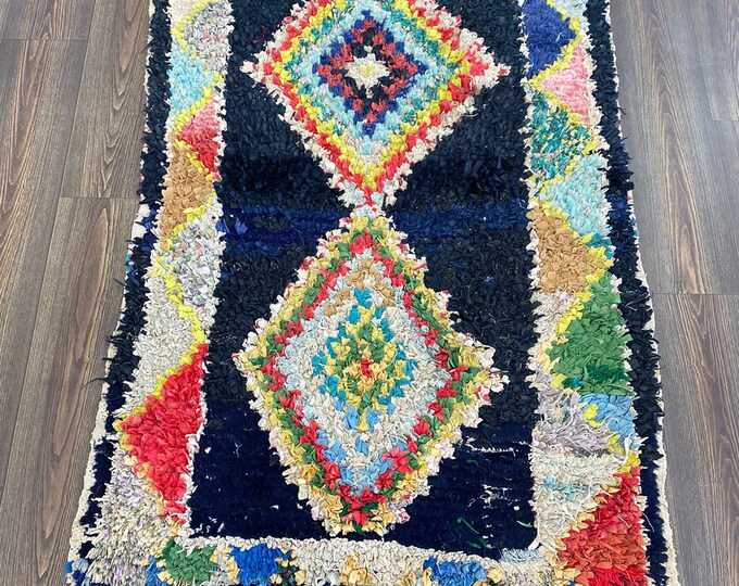 3.5x5.2 feet Berber Boucherouite Vintage Moroccan Tribal Azilal small shag Rug.