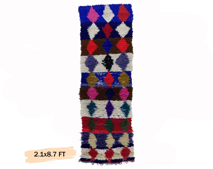 Colorful Moroccan Vintage Runner Rug 2x9- Authentic Floor Runner.