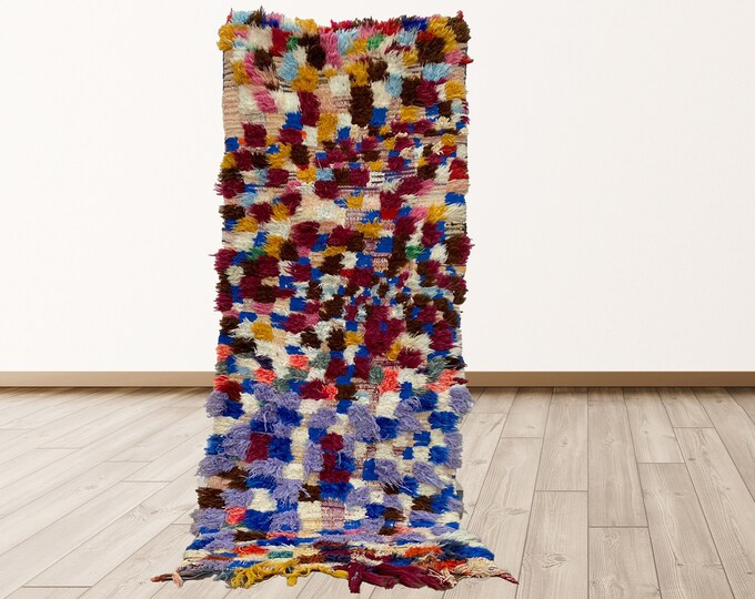3x7 Checkered Vintage Colorful Azilal Moroccan Rug, Berber Moroccan vintage rugs