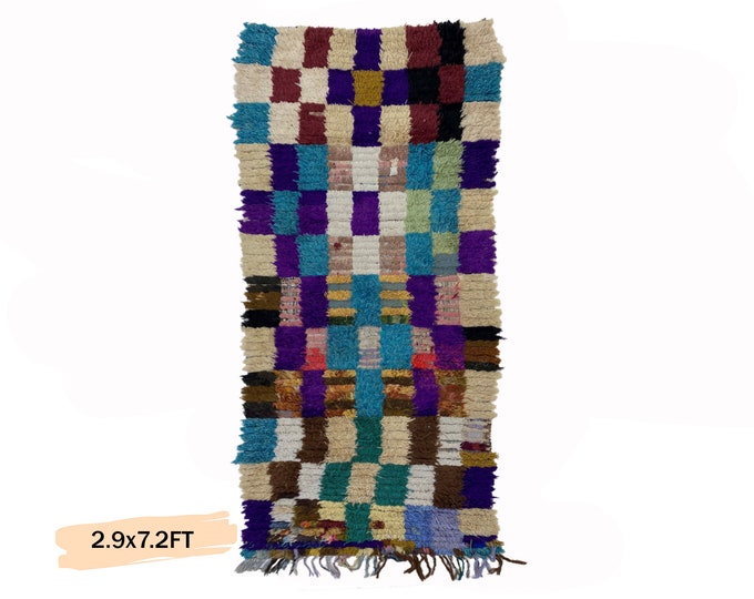3x7 Checkered Moroccan Runner Rug: Vintage Boho Rug.