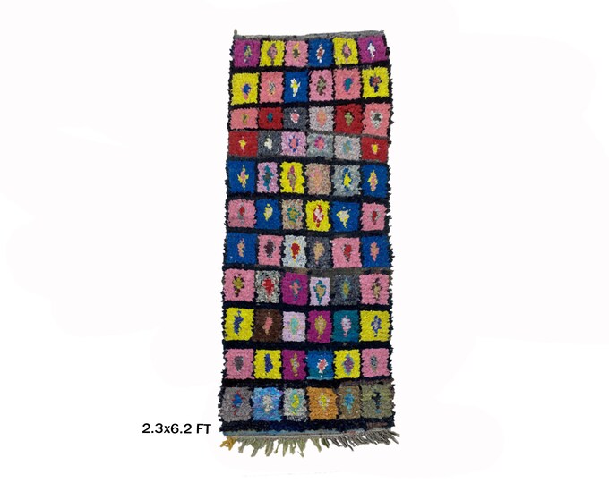 Vintage Moroccan Boucherouite Runner Rug 2x6: Unique Textile.