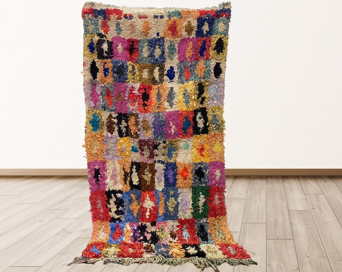 Boucherouite 3x6 feet Rugs tribal Morocco Azilal, Morrocan Berber Vintage Rug.