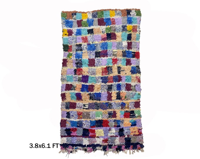 Vintage Moroccan Boucherouite Area Rug 4x6- Unique Home Decor.