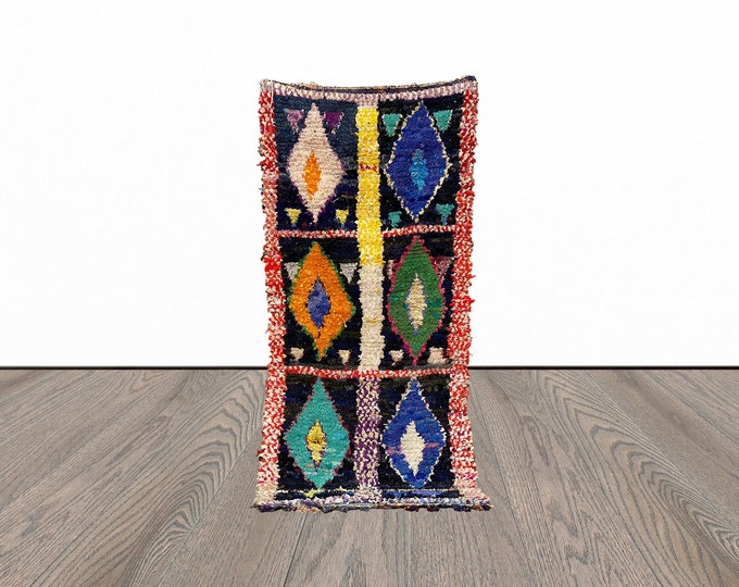 Boucherouite moroccan rug, 3x7 feet vintage area rug, unique woven rug, tribal berber rug.
