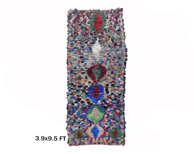 Boucherouite Vintage Unique Moroccan Runner Rug 4x10.