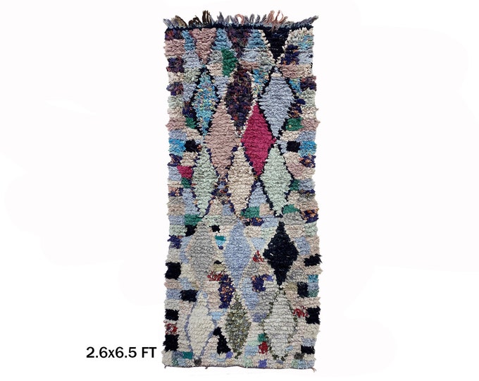Vintage Moroccan Boucherouite Rug Runner 3x7- Colorful Bohemian Decor.