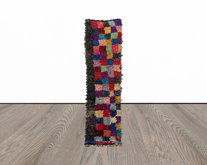 Narrow boucherouite runner rug, 2x7 ft moroccan runner rug, unique runner rug, colorful runner rug.