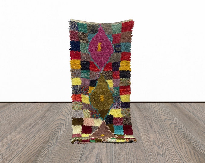 3x8 Feet vintage boucherouite area rug, moroccan berber rug, colorful woven rug, warm azilal rug.
