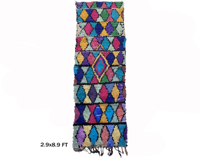 Boucherouite Vintage Moroccan Rug 3x9: Unique Runner for Home Decor.