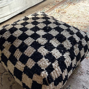 Moroccan Pouf, Checkered Pouf - Handmade wool floor pillow cushion.