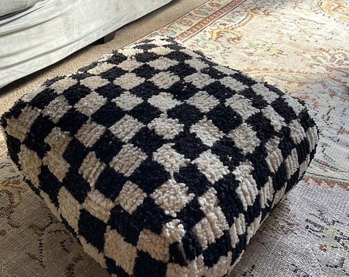 Moroccan Pouf, Checkered Pouf - Handmade wool floor pillow cushion.