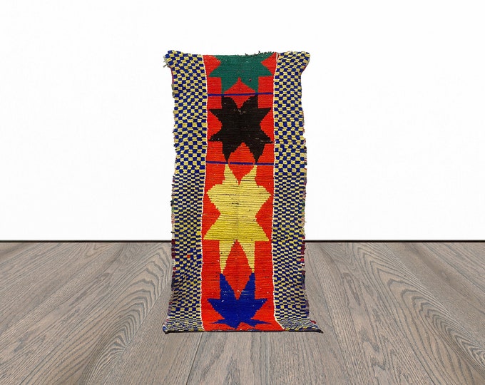 Moroccan small runner rug, 3x7 feet vintage runner rug, entryway runner rug, unique tribal rug.