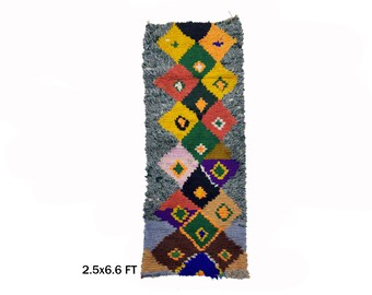 May include: A long, narrow rug with a geometric pattern in shades of red, orange, yellow, green, blue, purple, and brown. The rug is 2.5 feet wide and 6.6 feet long.