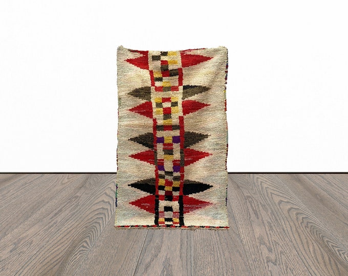 Boucherouite moroccan rug, 4x7 feet tribal vintage area rug, white woven berber rug.