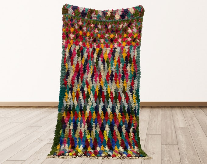 3.3x6.6 feet Moroccan colorful Berber runner rug, Tribal Wool Vintage rugs.